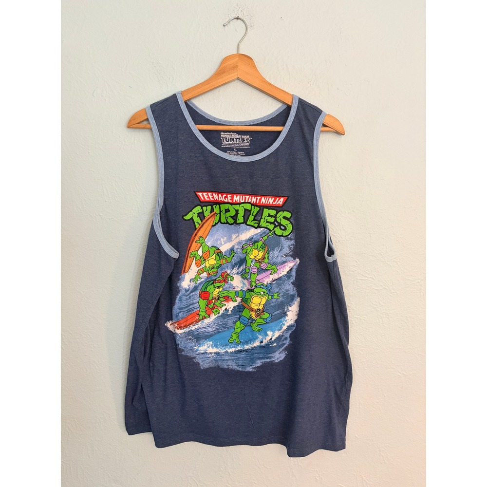 Nickelodeon TMNT Tank Top XL Blue Surfing Turtles Graphic Ringer Retro 90s